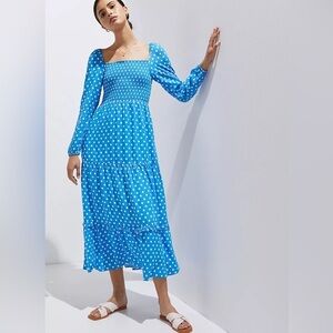 Anthropologie Smocked Midi Dress Blue and White Polkadot​